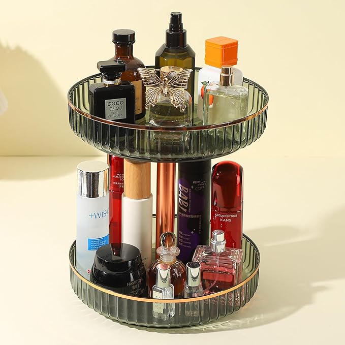 360 Rotating Makeup Organizer for Vanity,2 Tier Independent Rotation Large Capacity Skincare Organizers,Bathroom Counter Organizer, Spinning Monobloc Design Perfume & Vanity Organizer