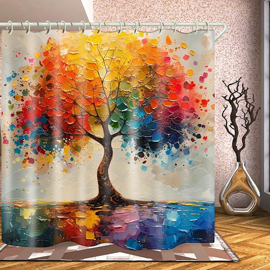Shower Curtains, with A Unique Oil Painting Tree Theme Bright Colors, Brings an Artistic Atmosphere to The Bathroom. The 72x72 Inch Fabric Shower Curtain Comes with 12 Hooks.
