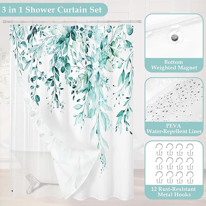 Gibelle 3 in 1 Shower Curtain Set, Teal 72x72 Eucalyptus Bath Curtain and PEVA Liner Set with 12 Metal Hooks, Waterproof Fabric Bathroom Curtain