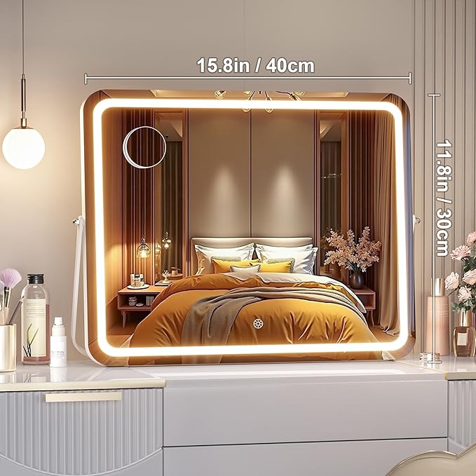 MINISO Vanity Mirror with Lights, 15.8" x 11.8" LED Makeup Mirror, Light & Brightness Adjustment, Smart Sensor, Aluminum Alloy Metal White Frame, with 5X Magnifying Glass