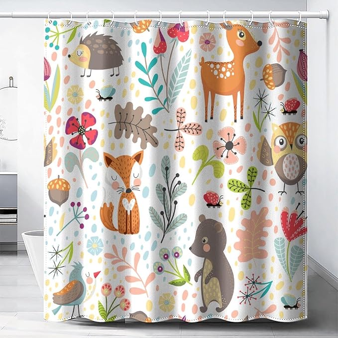 Kids Baby Woodland Shower Curtain Animals Cartoon Girls Children's Cute Cartoon Funny Colorful Weeds Plants Fox Waterproof Fabric Bathroom Decor 72x72 Inches(183x183cm), Style-13