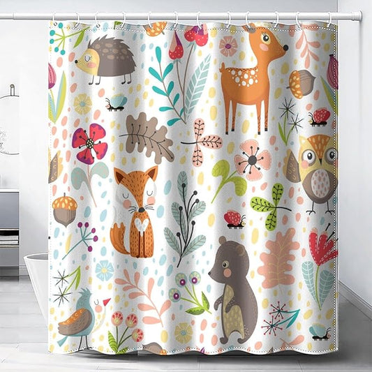 Kids Baby Woodland Shower Curtain Animals Cartoon Girls Children's Cute Cartoon Funny Colorful Weeds Plants Fox Waterproof Fabric Bathroom Decor 72x72 Inches(183x183cm), Style-13