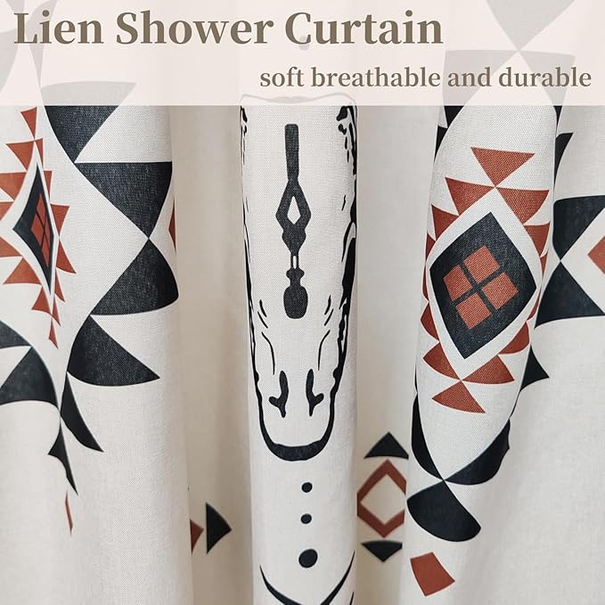 MUGINYU Western Aztec Linen Shower Curtain- Boho Farmhouse Fabric Shower Curtain Set, Ethnic Southwest Bull Skull Cow Shower Curtains for Bathroom, 72x72 Bath Curtain