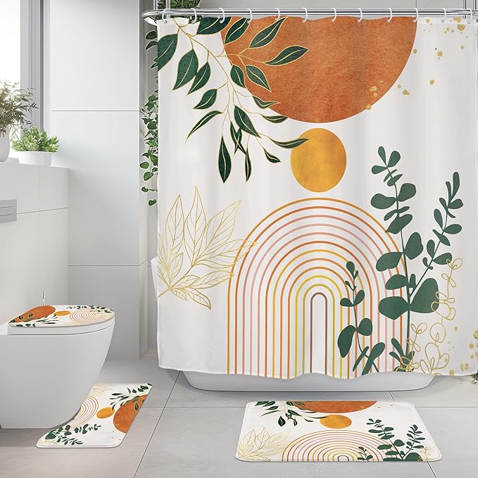 Riyidecor Mid Century 4Pcs Bathroom Shower Curtain Sets Abstract Aesthetic Geometric Bathroom Decor Set with Rugs and Accessories Modern Minimalist Toilet Lid Rug, Contour and Bath Mat with 12 Hooks