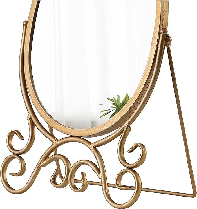 Vintage Gold Standing Mirror 10 X 15 Inch, Metal Framed Oval Table Mirror, Antique Makeup Mirror with Stand for Desk, Vanity Mirrors Tabletop for Living Room Bathroom Bedroom Shelf