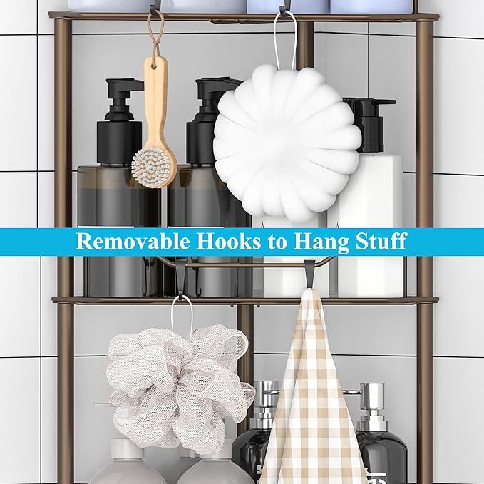 HuggieGems 4 Tier Floor Standing Corner Shower Caddy Organizer Shelf with Hooks, Bathroom Shelves Stand Rack, Bronze