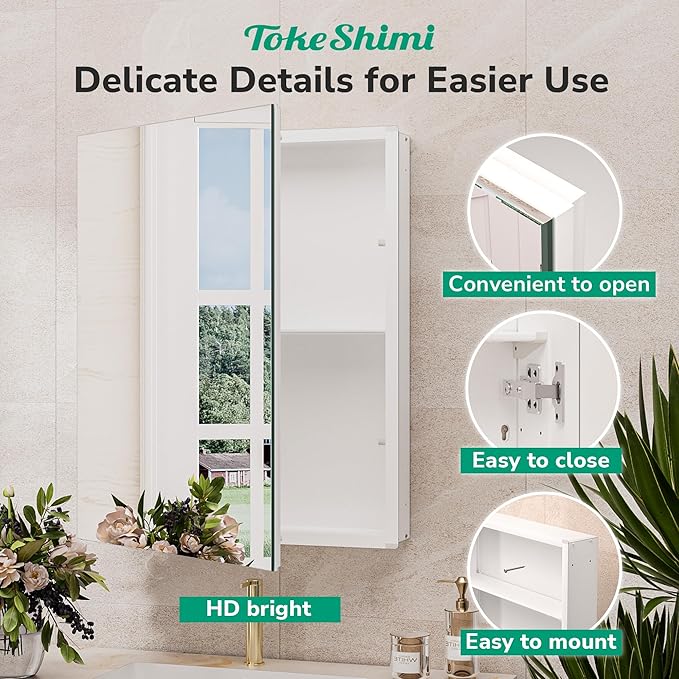 TokeShimi 14x18 Bathroom Medicine Cabinet, Tempered Mirror with Adjustable Storage Frameless White Farmhouse Medicine Cabinet Recessed