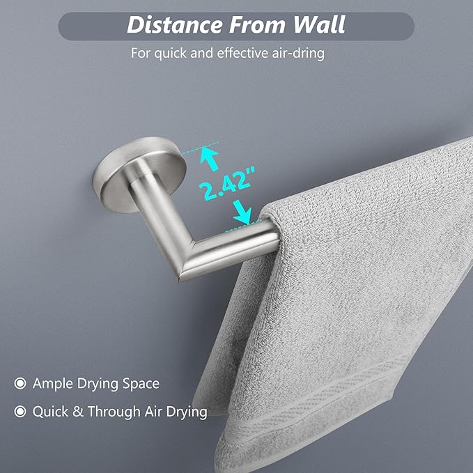 JunSun Bathroom Towel Bar 9 Inch Brushed Nickel Towel Racks Wall Mounted Bath Hand Towel Holder Modern Home Decor Towel Rod Bathroom Hardware Stainless Steel Towel Hanger Silver Towel Rail Single Bars