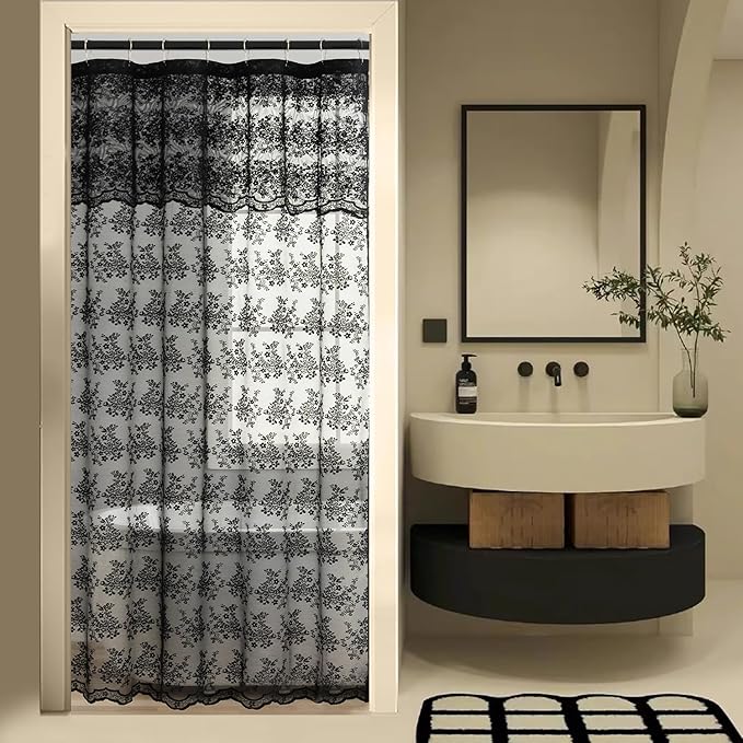 YJ YANJUN Goth Narrow Shower Curtain 36x72 with Attached Valance Victorian Black Floral Lace Small Shower Curtain Short Gothic Rv Camper Shower Curtain Halloween Spoopy Ghost Half Bathroom Décor