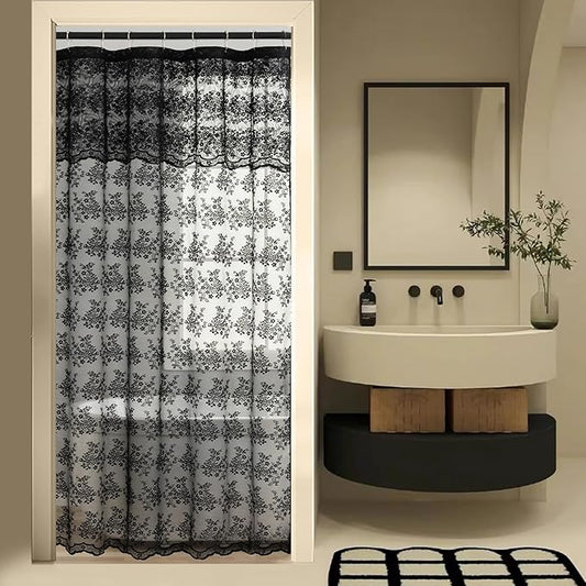 YJ YANJUN Goth Narrow Shower Curtain 36x72 with Attached Valance Victorian Black Floral Lace Small Shower Curtain Short Gothic Rv Camper Shower Curtain Halloween Spoopy Ghost Half Bathroom Décor
