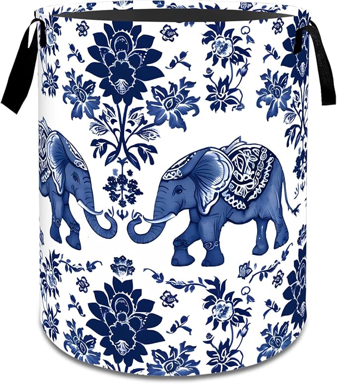 Vintage Elephant Floral Laundry Basket,Dirty Clothes Hamper,Retro Animal Flower Storage Bin Gifts,Foldable Waterproof Oxford Cloth Baskets for Bathroom,Bedroom,Home Decoration(19.7" x 15.8")