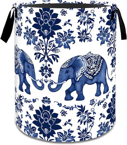 Vintage Elephant Floral Laundry Basket,Dirty Clothes Hamper,Retro Animal Flower Storage Bin Gifts,Foldable Waterproof Oxford Cloth Baskets for Bathroom,Bedroom,Home Decoration(19.7" x 15.8")