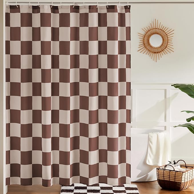 Checkered Shower Curtain, Khaki Beige Shower Curtains for Bathroom, Cute Retro Checkboard Shower Curtain Vintage Aesthetic, Washable Fabric Bath Curtain 72''x72''