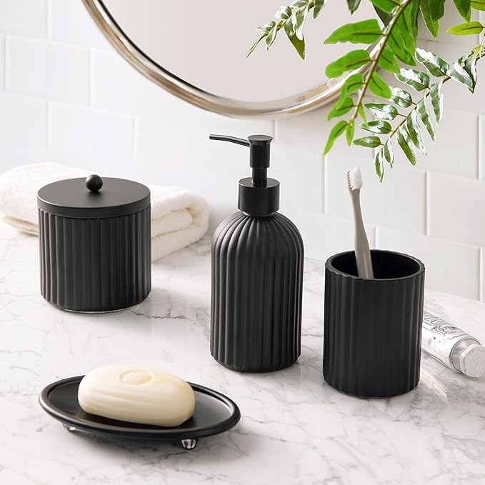 4PCs Heavy Weight Decent Glass Bathroom Accessories Set with Decorative Pressed Pattern - Includes Hand Soap Dispenser & Tumbler & Soap Dish & Toothbrush Holder (Black)