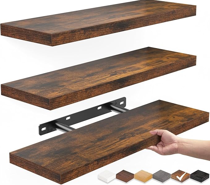Floating Shelves for Wall – Shelf Over Toilet Farmhouse Rustic Wood for Bedroom, Kitchen, or Living Room Decor Organization – Rustic Brown, Set of 3