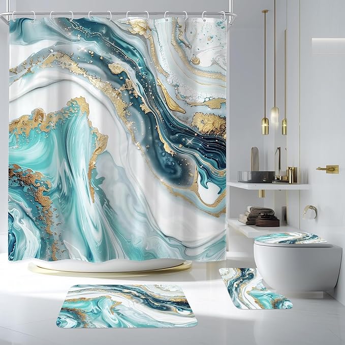 Newsely 4Pcs Teal Fluid Gold Marble Shower Curtain Set with Non-Slip Rugs, Toilet Lid Cover and Bath Mat, Modern Abstract Ocean Shower Curtain with 12 Hooks,Luxury Bath Curtain for Bathroom Decor