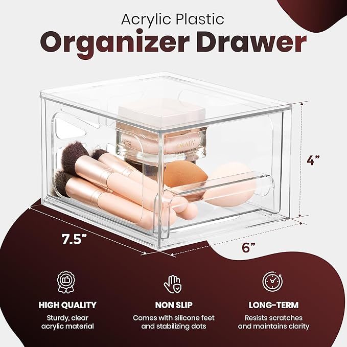 Oizeir Acrylic Drawer Organizer 2-Pack ?€? Clear Stackable Storage Drawers for Makeup, Skincare, Vanity, Bathroom, Under Sink, Kitchen & Office ?€? Non-Slip, Durable, Multi-Purpose Organizer Bins