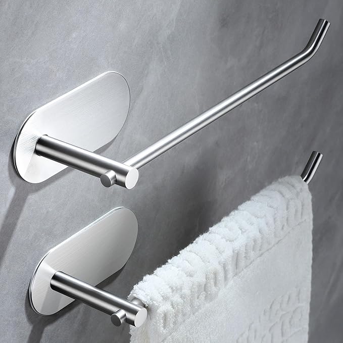 SUNTECH Hand Towel Holder 2 Packs,9-Inch Self-Adhesive Hand Towel Rack for Bathroom and Kitchen, Brushed Stainless Steel Wall Mount Towel Bar,No Drilling