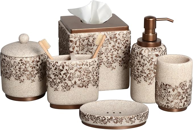 Decozen Bathroom Accessories 6Pcs Set, Soap Dispenser, Toothbrush Holders, Tumbler, Soap Dish & Cotton Swab Jar – Modern Bathroom Decor, Modern Farmhouse Decor, Countertop Accessories, Beige