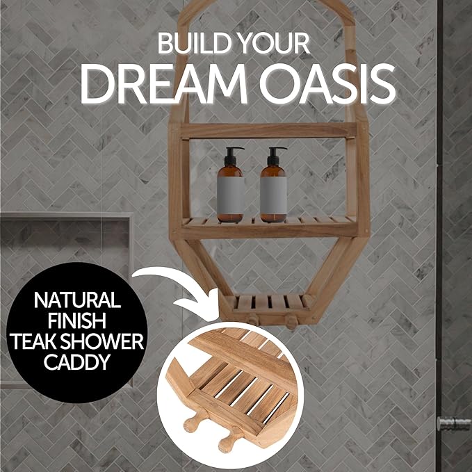 NORDIC STYLE TEAK Wood Natural Hanging Shower Caddy with Storage Shelves, Water Resistant, Easy to Place, Solid Teak Wood, Shower Accessory (Natural Víður)