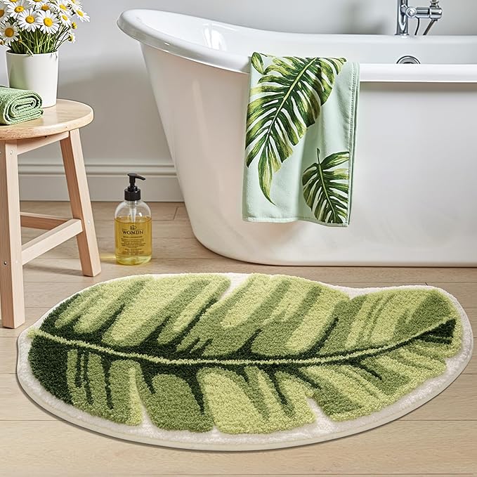 LUMI Cute Bathroom Rugs with Green Leaf Plant, Soft, Fluffy, Plush, Absorbent, Quick Dry, Non Slip, Machine Washable for Shower Floor, Bathroom, Bedroom,Kids Room, 24"x48", Palm Leaf