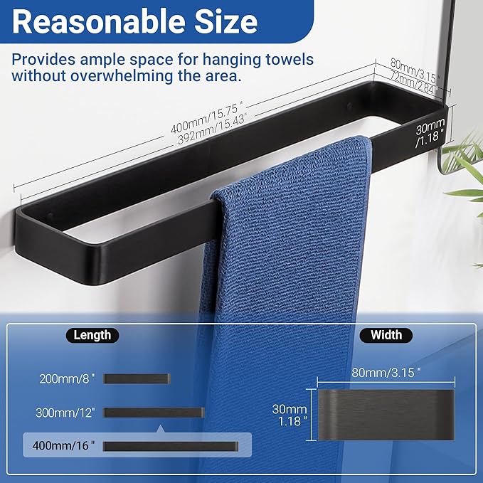 SAYAYO Matte Black Hand Towel Holder for Bathroom Wall, 16 Inch Self Adhesive Towel Bar Hand Towel Rack Square Heavy Duty