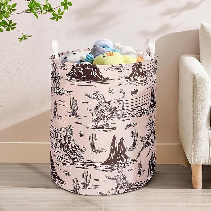 2Pcs Western Cowboy Cute Kids Laundry Basket Baby Nursery Hamper Western Room Decor Foldable Oxford Cloth Funny Tote Clothes Storage Bucket Organizer For Bedroom Teen Girls Boy (Cowboy)