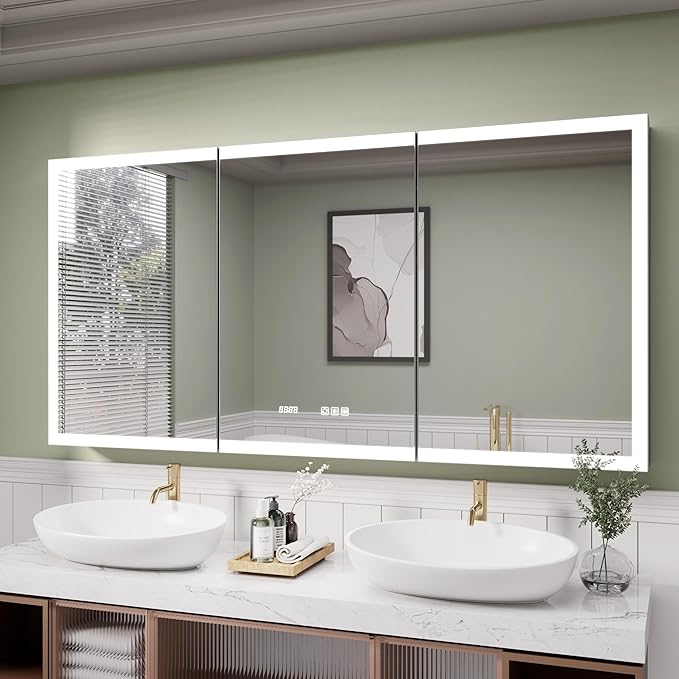 Recessed Medicine Cabinet with Mirror 48 x 30 Inch Led Medicine Cabinet for Bathroom Wall Mount Lighted Medicine Cabinet with Storage, 3 Colour Lights Dimmable Defog, Time/Temp Display
