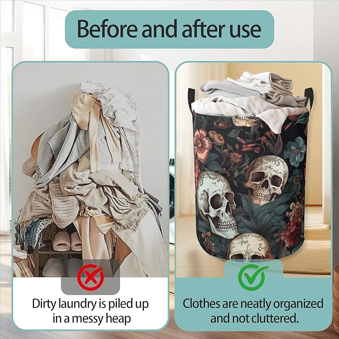 Laundry Hamper Foldable Oxford Cloth Retro Skull Flower Laundry Basket With Handle Portable Clothes Storage Organizer Basket Storage Bag For Laundry Room/Bedroom/Bathroom