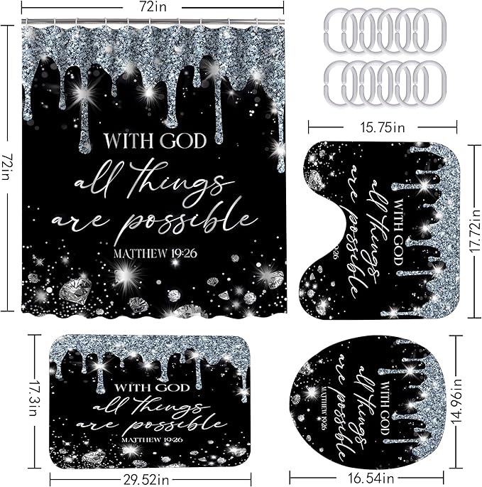 4 Pcs Black Silver Diamonds Shower Curtain Set with Rugs and Toilet Lid Cover, Black White Bible Verse Waterproof Fabric Bathroom Set, Christian Scripture Shower Curtain Bathroom Decor Set Accessories