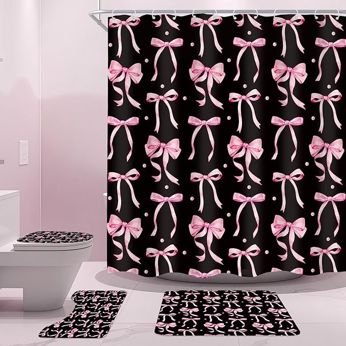 Cinbloo 4Pcs Black Pink Bow Shower Curtain Set, Retro Coquette Vintage Girly Preppy Cute Fashion Pretty Sweet Bathroom Curtain with Rug, Toilet Lid Cover, Bath Mat, Girls Shower Curtain with 12 Hooks