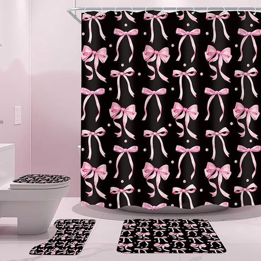 Cinbloo 4Pcs Black Pink Bow Shower Curtain Set, Retro Coquette Vintage Girly Preppy Cute Fashion Pretty Sweet Bathroom Curtain with Rug, Toilet Lid Cover, Bath Mat, Girls Shower Curtain with 12 Hooks