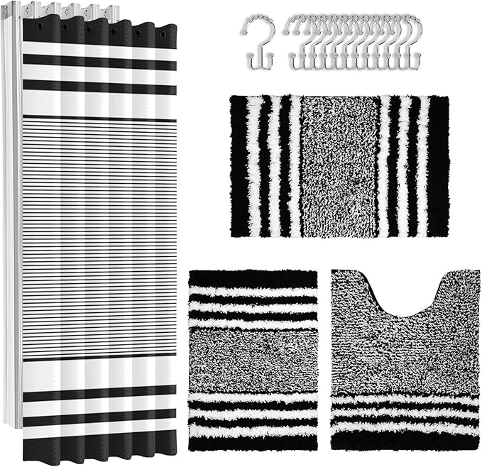 Britimes Black Stripes Bathroom Sets with Shower Curtain and Rugs, Ombre Minimalist Modern Striped Waterproof Shower Curtain Liner and Soft Non Slip Bath Mat for Bathroom Decor and Accessories Hooks