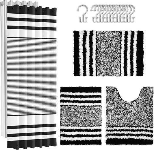 Britimes Black Stripes Bathroom Sets with Shower Curtain and Rugs, Ombre Minimalist Modern Striped Waterproof Shower Curtain Liner and Soft Non Slip Bath Mat for Bathroom Decor and Accessories Hooks