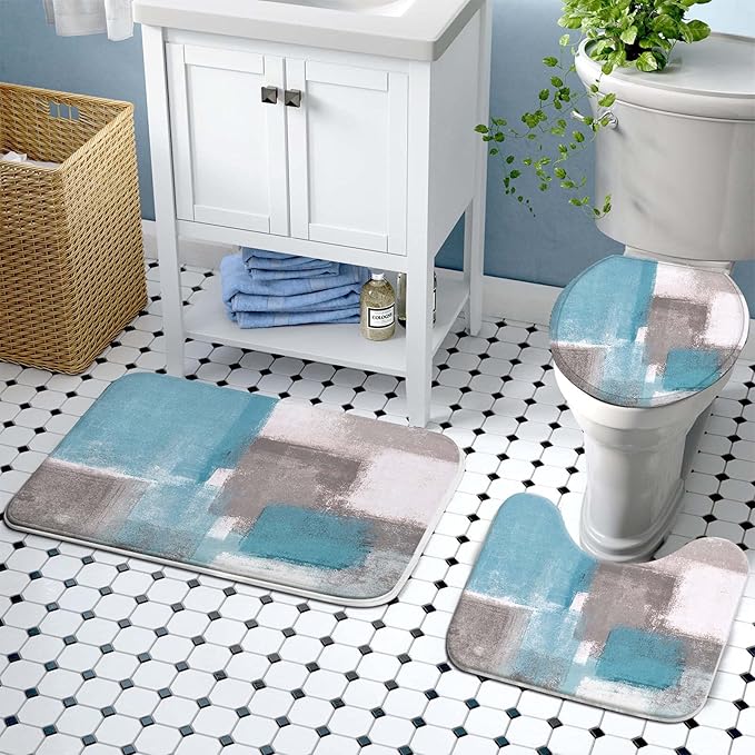 Lnond 4Pcs Bathroom Shower Curtain Sets with Rugs,Sky Blue and Grey White Abstract Painting Bathroom Sets with Shower Curtain and Rugs and Accessories