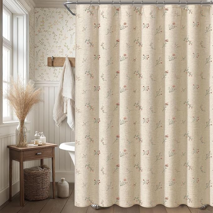 Floral Farmhouse Vintage Linen Shower Curtain, French Country Embroidered Textured Shower Curtains for Bathroom, 72Wx72H