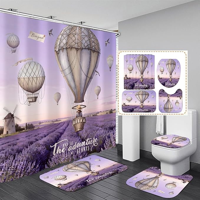 jieprom 4 Piece Purple Lavender Shower Curtain Set with Rugs, Hot Air Balloon & Windmill Landscape Art, Romantic French Country Aesthetic Bathroom Decor, Non-Slip Mats, Waterproof Fabric