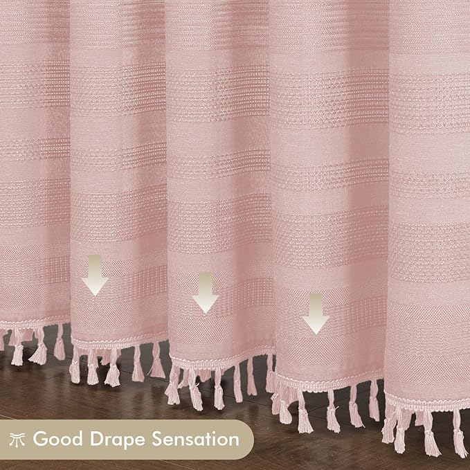 OVZME Pink Shower Curtain for Bathroom, Boho Linen Textured Shower Curtain with Tassel, Rustic Striped Heavy Duty Vintage Country Bathroom Curtain, 72Wx72L Inches