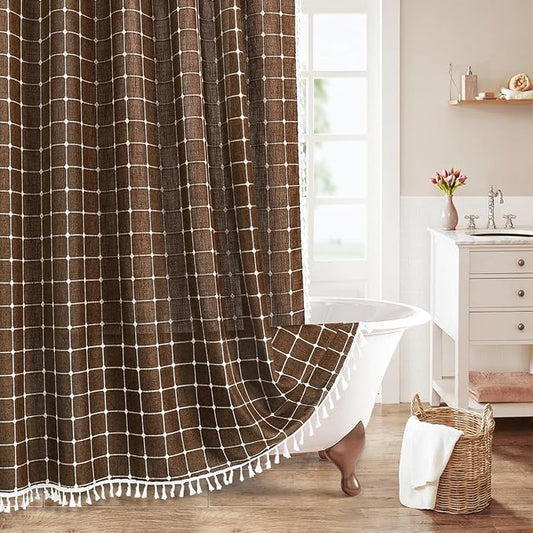 MitoVilla 72 x 84 Brown Boho Extra Long Shower Curtain, Farmhouse 84 inch XL Polyester Linen Texture Tassel Fabric Shower Curtain Set with Hooks for Cottagecore Country Bathroom Decor
