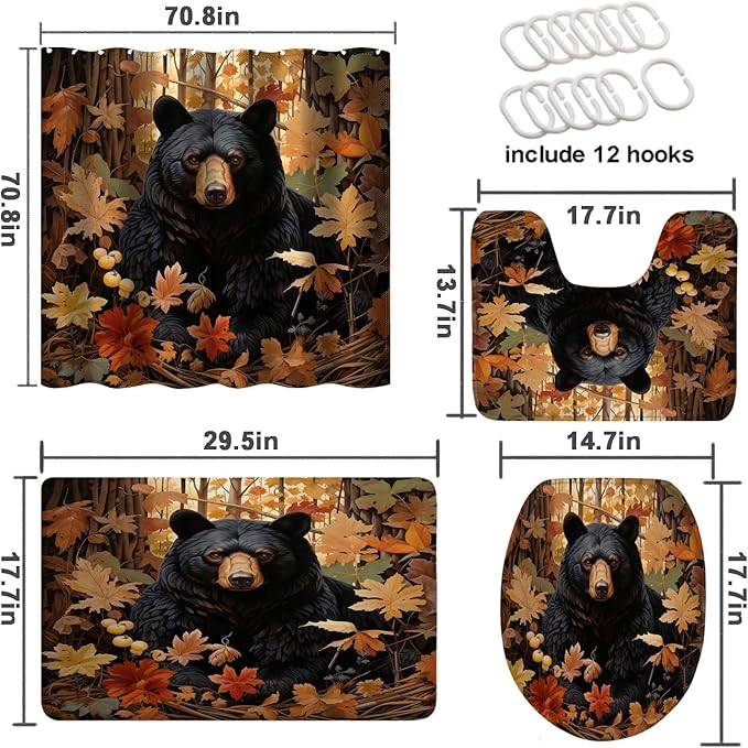4 Pcs Black Bear Bathroom Shower Curtain Set with Rug, Toilet Lid Cover and Bath Mat, Rustic Farm Wildlife Bear Vintage Cabin Forest Bathroom Shower Curtain with 12 Hooks Accessories Decorative
