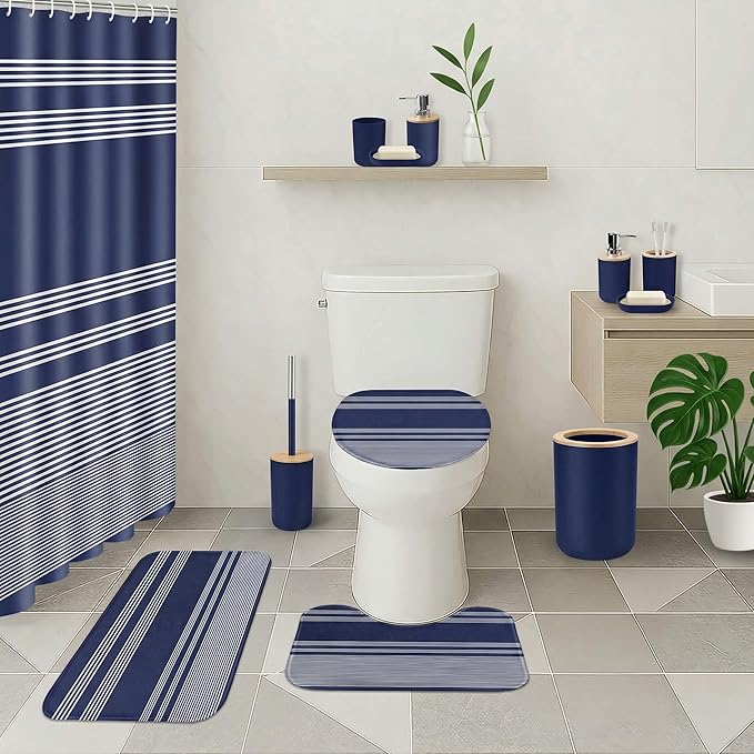 Navy Blue Bathroom Decor and Accessories Set, Striped Blue Shower Curtain and Rug Set with Trash Can, Soap Dispenser, Soap Dish, Toothbrush Holder, Toothbrush Cup, Toilet Brush