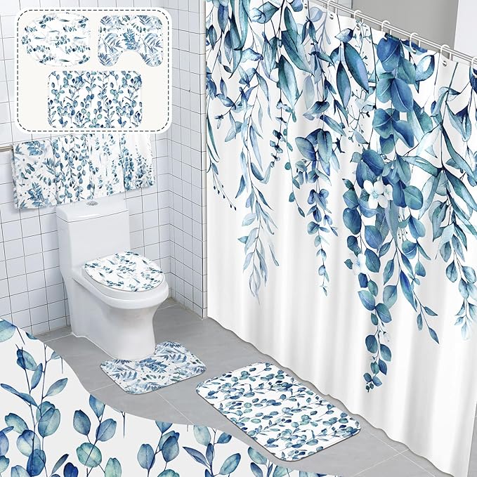 Tatuo 8 Pcs Blue Eucalyptus Shower Curtain Set Blue Eucalyptus Theme Bathroom Accessories Sets Decor Nautical Coastal Waterproof Shower Curtain with Towels Carpet Bath Mat Toilet Rugs and 12 Hooks