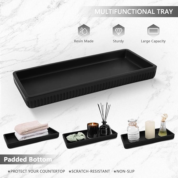 XLHOMO Resin Matte Black Bathroom Accessories Set 5 Pcs, Lotion Soap Dispenser, Toothbrush Holder, Bathroom Tumbler, Qtip Holder and Vanity Tray, Bathroom Countertop Organizer Set for Home Apartment
