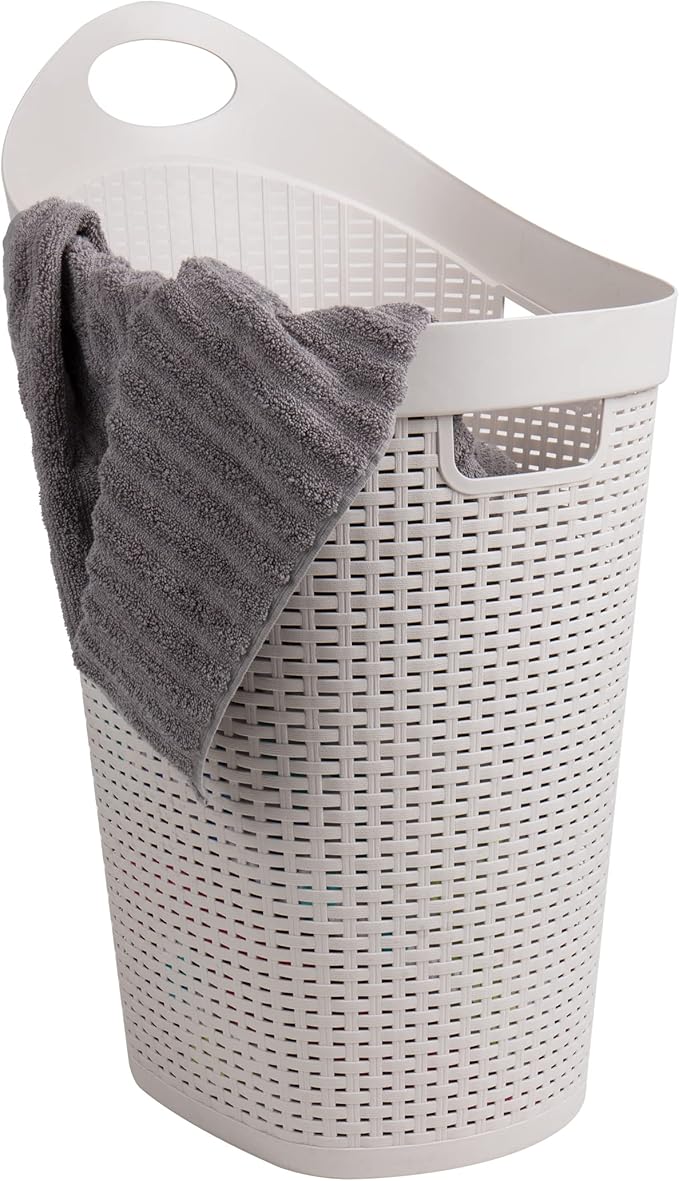 Mind Reader 60L Rolling Laundry Hamper, Clothes Basket, Wheels, Wicker Style, Plastic, 19.5"L x 14.75"W x 29.25"H, Ivory