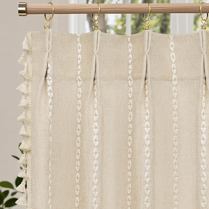 Beige Boho Farmhouse Window Curtain with Tassels, 30 x 36 Inch Light Filtering Sheer Short Cafe Window Curtain Tier, Linen Textured Pleated Small Window Drape for Kitchen or Bathroom, 1 Panel