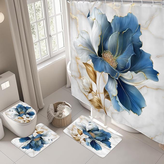 Riyidecor Blue Gold Floral 4Pcs Bathroom Shower Curtain Sets Abstract Minimalist Aesthetic Bathroom Decor Set with Rugs and Accessories Modern Toilet Lid Rug, Contour and Bath Mat with 12 Hooks