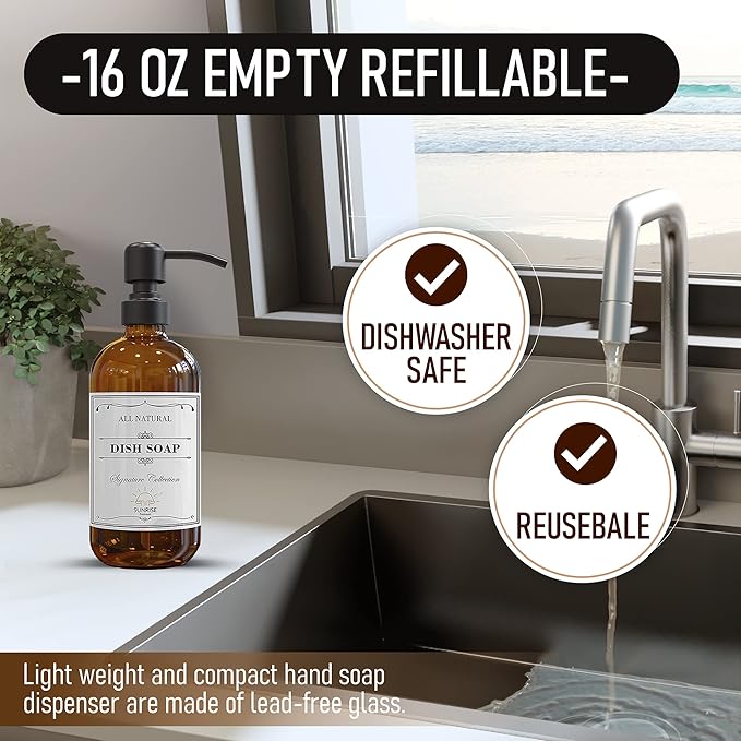 Sunrise Premium 2 Pack Amber Glass Soap Dispenser 16 OZ with Matte Black Stainless Steel Pump, Hand and Dish Soap Dispenser Set for Bathroom and Kitchen Sink with 6 Waterproof Labels