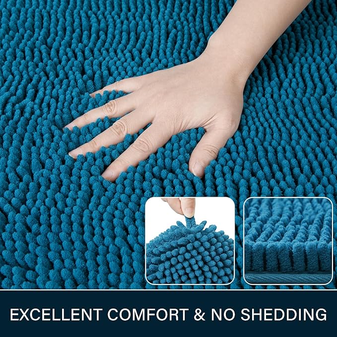 LOCHAS Luxury Bathroom Rug Shaggy Bath Mat 24 x 60 Inch, Washable Non Slip Bath Rugs for Bathroom Shower, Soft Plush Chenille Absorbent Carpets Mats, Peacock Blue