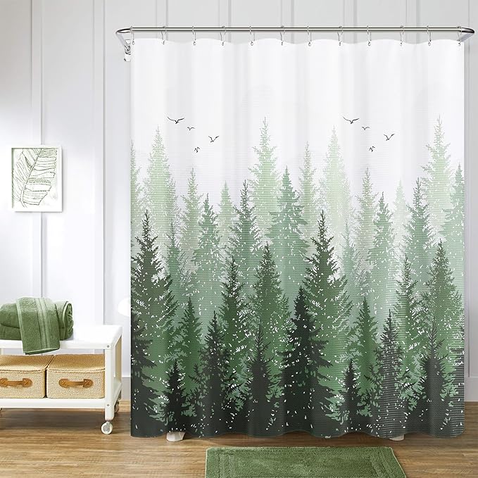 Hokibero Olivie Green Misty Forest Mountain Nature Tree Fabric Shower Curtains for Bathroom Waterproof Heavy Duty Green and White Woohitedland Shower Curtain Bathtubs Hotel, 72 x 84 inch