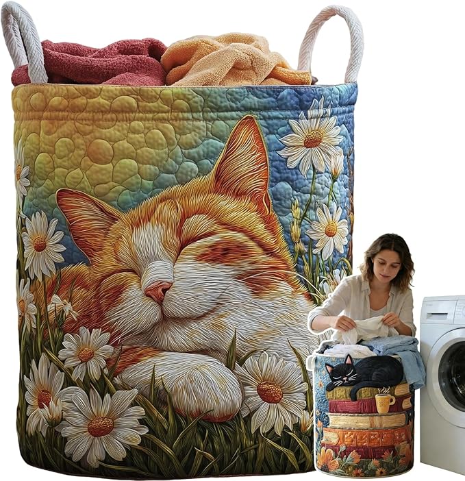 Cat Quilted Laundry Basket - 18"/22"/28", 2026 Large Quilted Cat Laundry Basket with Handles, Cozy Cat Fabric Storage Hamper for Nursery, Bedroom, Laundry Room, Clothes & Toys (8, M 16"X22")